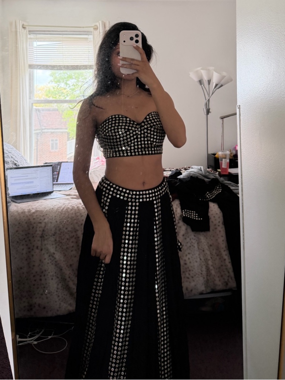 NWT Monk & Mei By Sonia Anand Black Georgette Mirror Bustier Lehenga